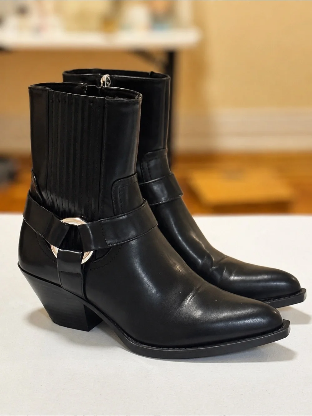 Zara Black Leather Ankle Boots with Silver Ring Detail